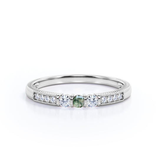 Delicate Filigree and bead décor 0.45 carat Round cut Moss Green Agate and diamond vintage style engagement ring in White gold