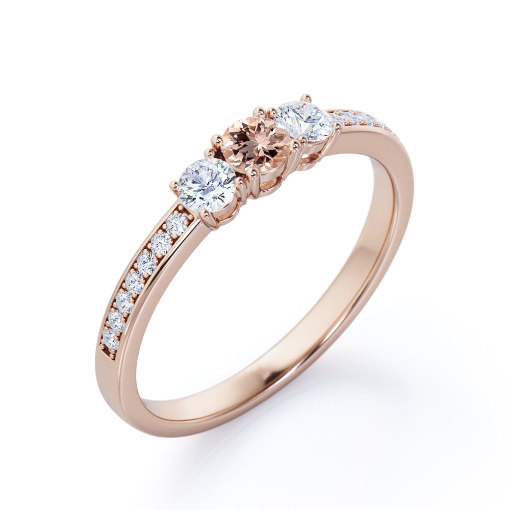 Classic three stone 0.75 carat Round cut Pink Morganite and diamond art deco channel engagement ring for her in Rose gold