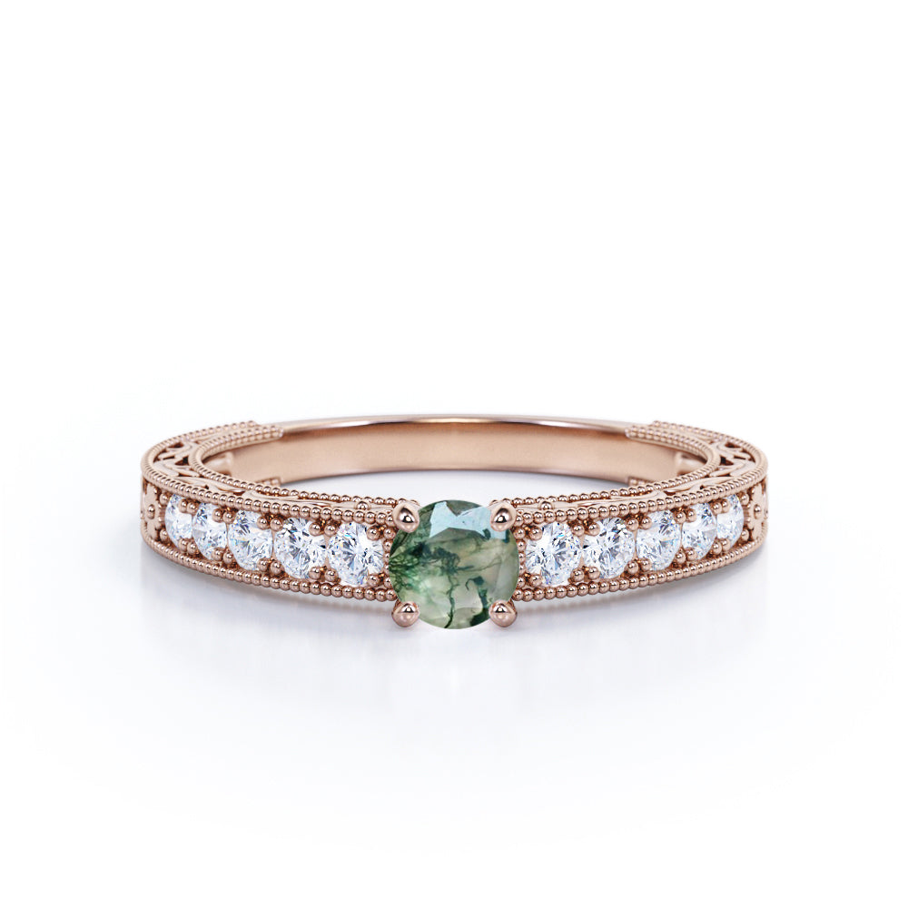 Artistic Milgrain 0.75 carat Round cut Moss Agate and diamond cathedral setting engagement ring in Rose gold